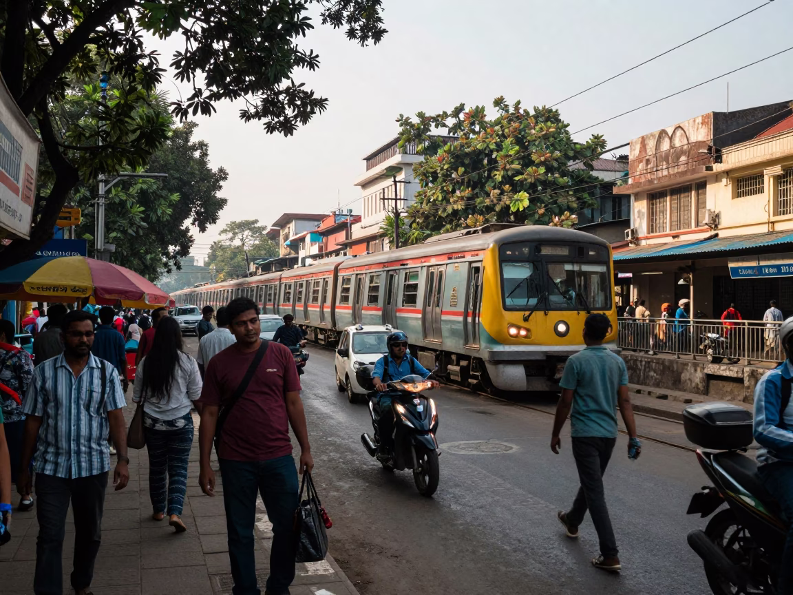 Busy Kolkata Street Scene Late Morning with Metro Train and Urban Details in in Kolkata, India