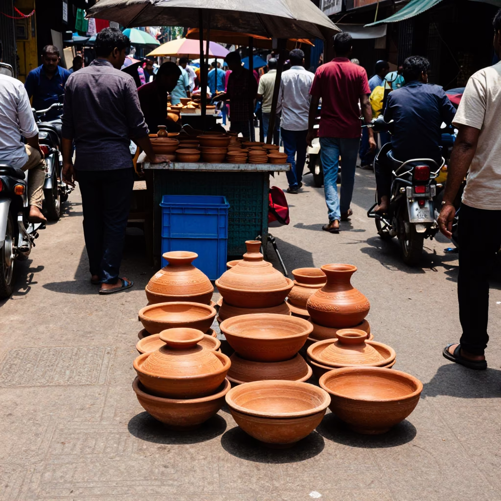 Busy Kolkata Street Scene Midday with Terracotta Bowls and Local Vendors in in Kolkata, India