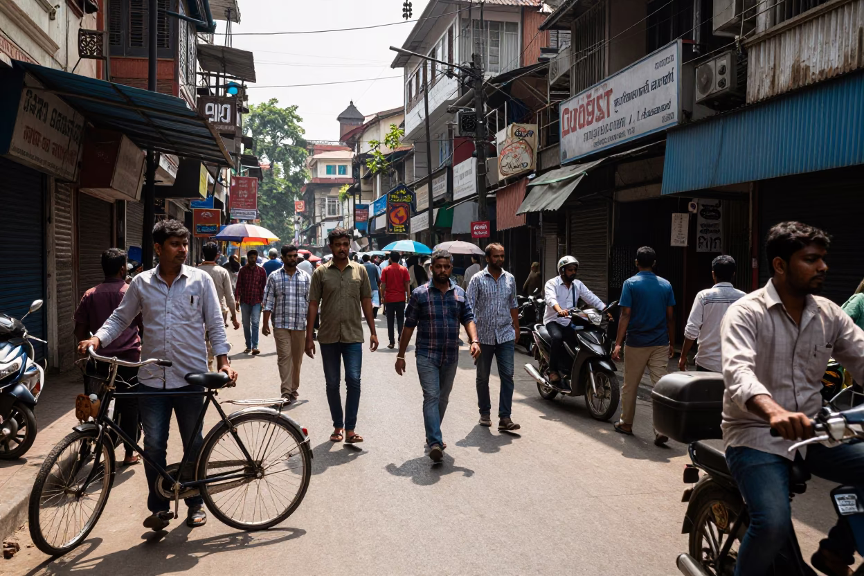 Busy Kolkata Street Scene Under Flat Noon Glare with Vintage 1990s Aesthetic in in Kolkata, India