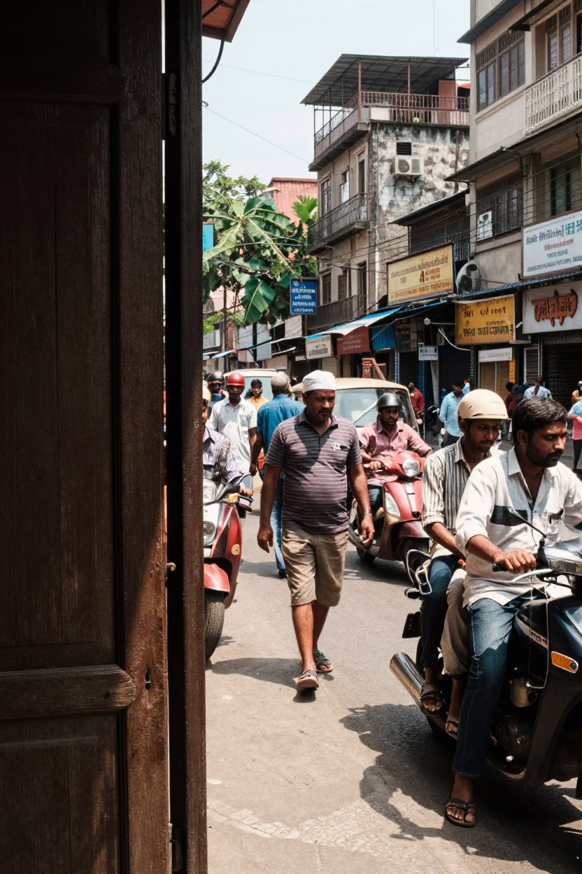 Busy Kolkata Street Scene Under Noon Sun with Doorframe and Local Life in in Kolkata, India
