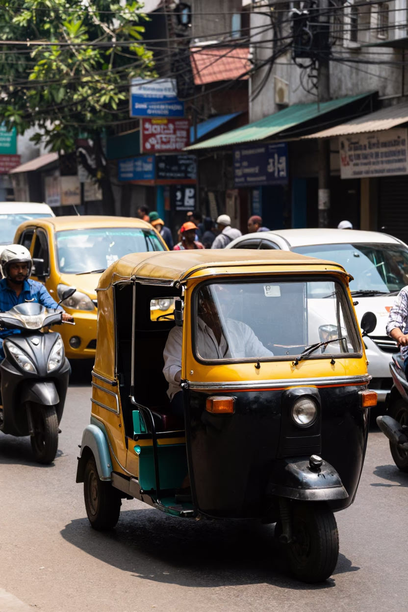 Busy Kolkata Street Scene Under Noon Sun with Rickshaw and Shopkeeper in in Kolkata, India