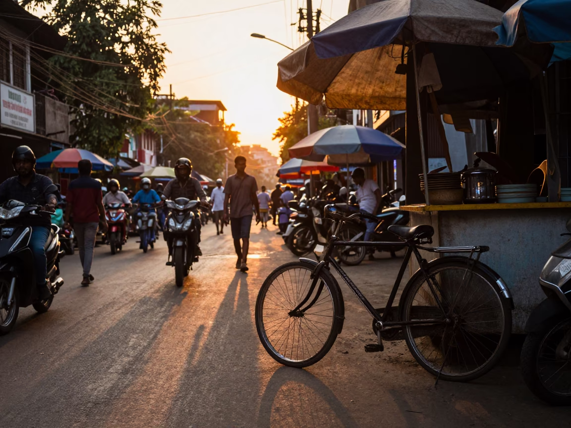 Busy Kolkata Street Scene with Bicycle and Umbrellas During Golden Hour Sunset in in Kolkata, India
