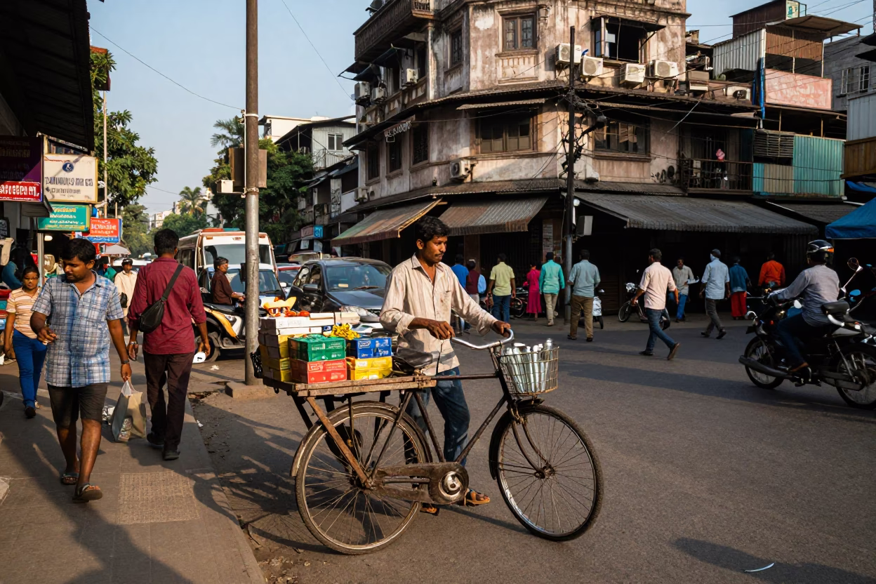 Busy Kolkata Street Scene with Bicycle Vendor and Glass Bottle in Late Afternoon Light in in Kolkata, India