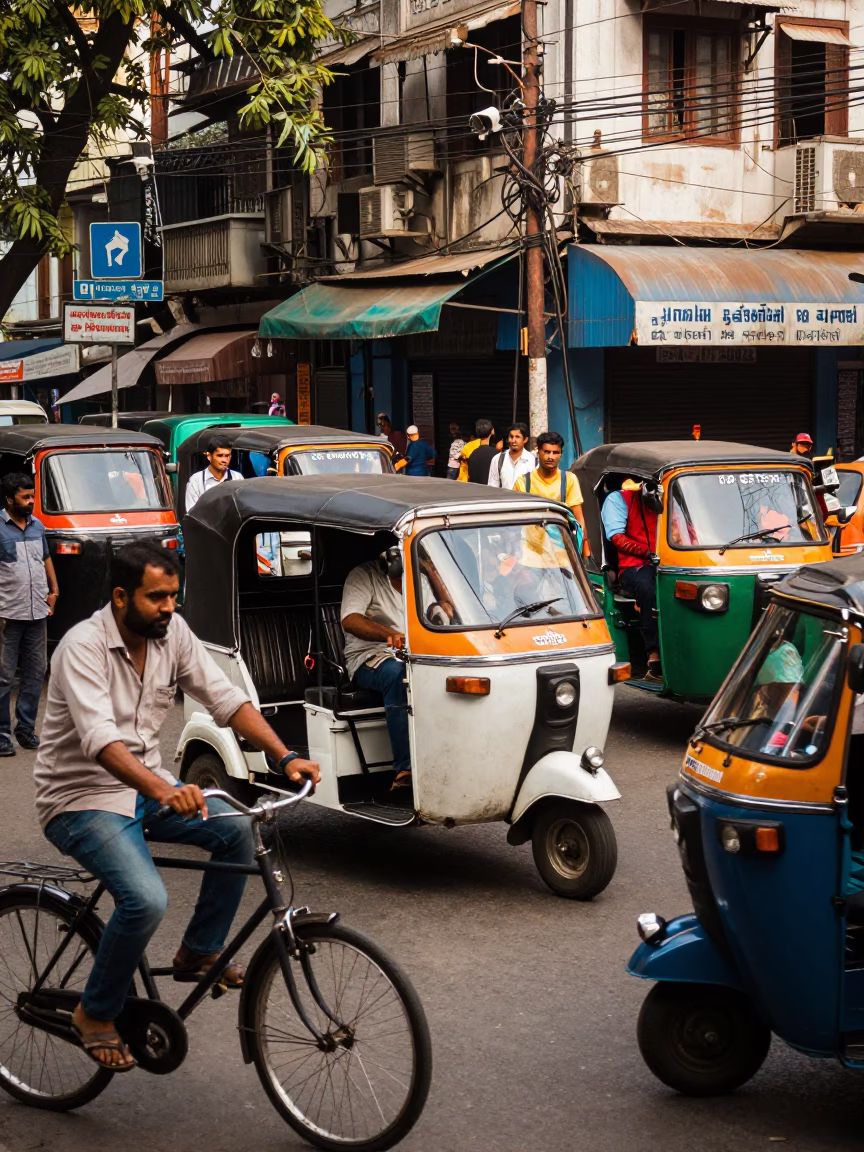 Busy Kolkata Street Scene with Cycle Rickshaws and Pedestrians in Early Afternoon Light in in Kolkata, India