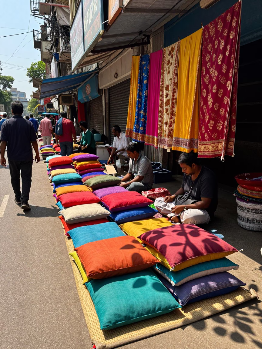Busy Kolkata Street Scene with Fabric Vendor and Cushions in Bright Midmorning Light in in Kolkata, India