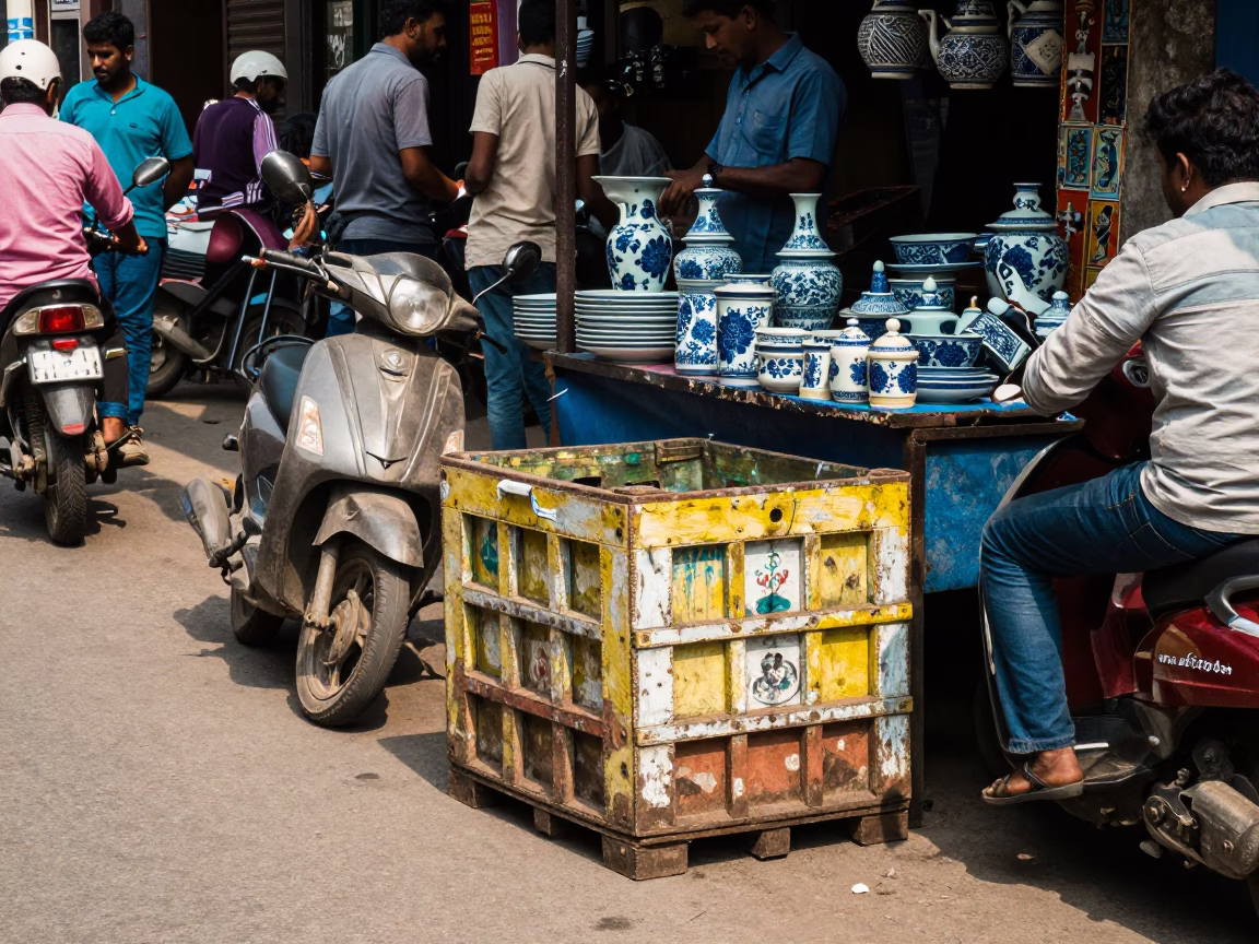 Busy Kolkata Street Scene with Painted Crate and Porcelain Jars in Bright Midmorning Light in in Kolkata, India