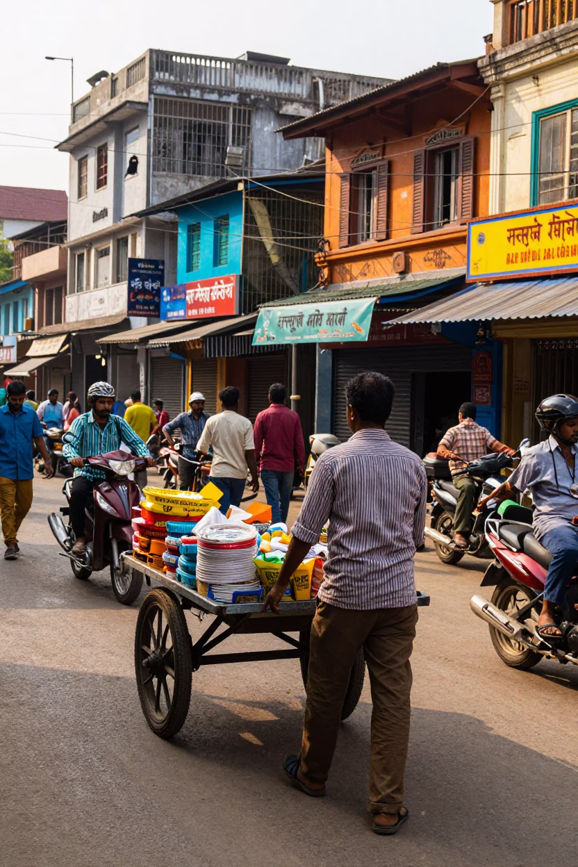 Busy Kolkata Street Scene with Rolling Carts and Colorful Bottles in Early Afternoon Light in in Kolkata, India