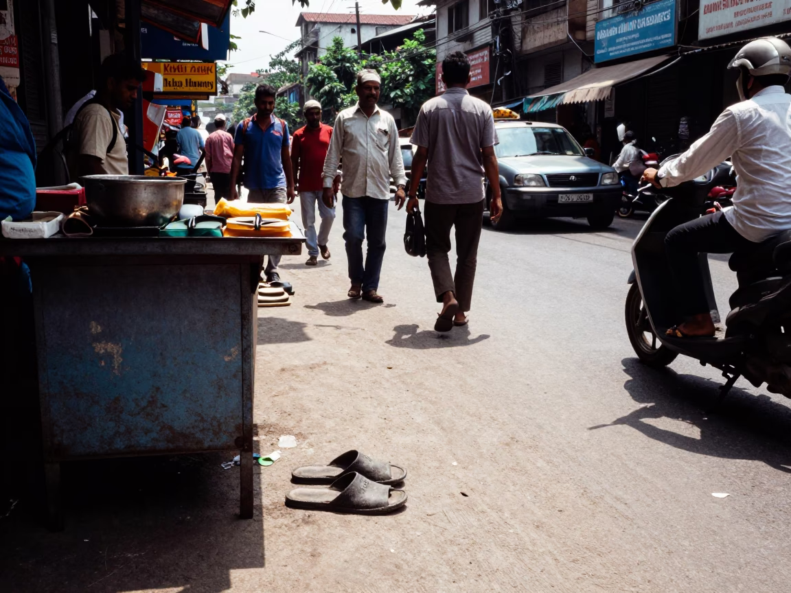 Busy Kolkata Street Scene with Slippers and Urban Life at Midday in in Kolkata, India