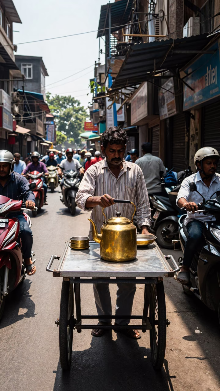 Busy Kolkata Street Scene with Vendor and Tea Kettle Under Noon Sun in in Kolkata, India