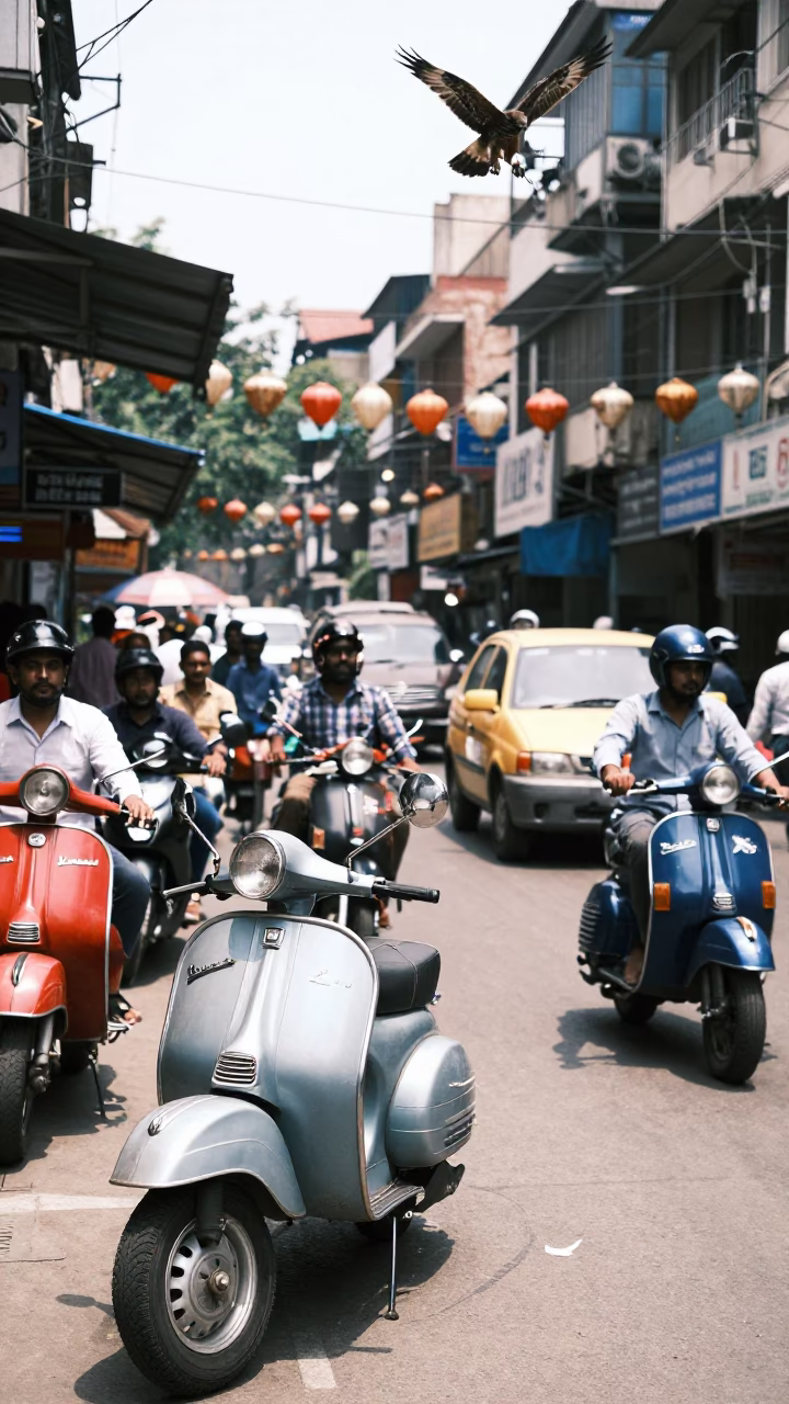 Busy Kolkata Street Scene with Vintage Vespa and Lanterns at Midday in in Kolkata, India