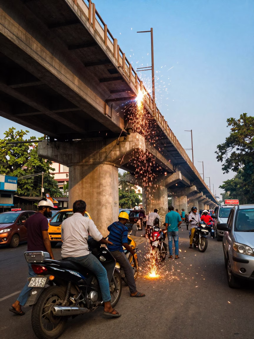 Busy Kolkata Street Scene with Welding Sparks Under Bridge Construction in Late Afternoon Light in in Kolkata, India