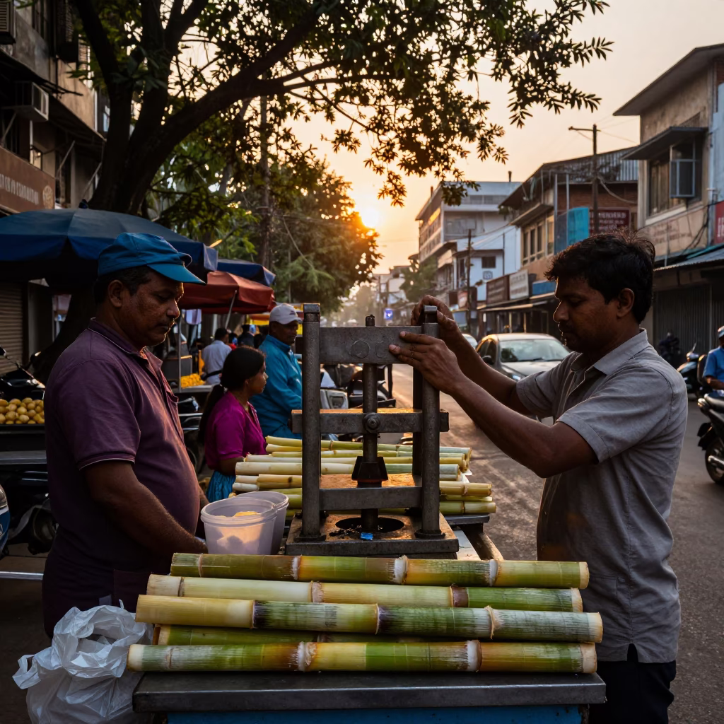 Busy Kolkata Street Stall at Sunset with Sugarcane Juice and Wicker Shadows in in Kolkata, India