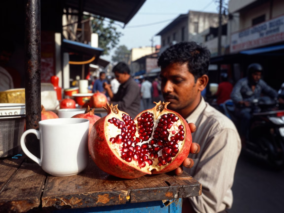 Busy Kolkata Street Stall Early Afternoon with Pomegranate and Steam in in Kolkata, India
