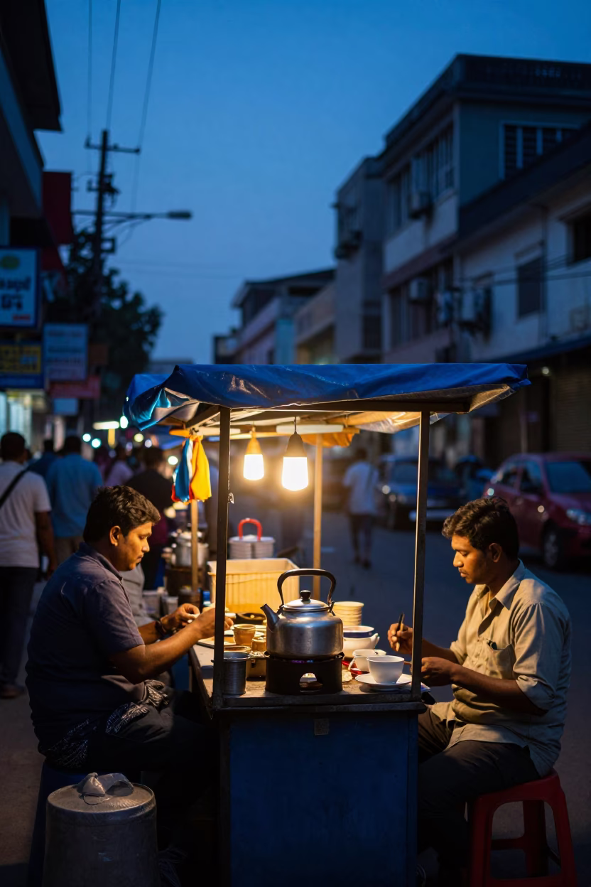 Busy Kolkata street stall in indigo twilight with tea stains and crates in in Kolkata, India