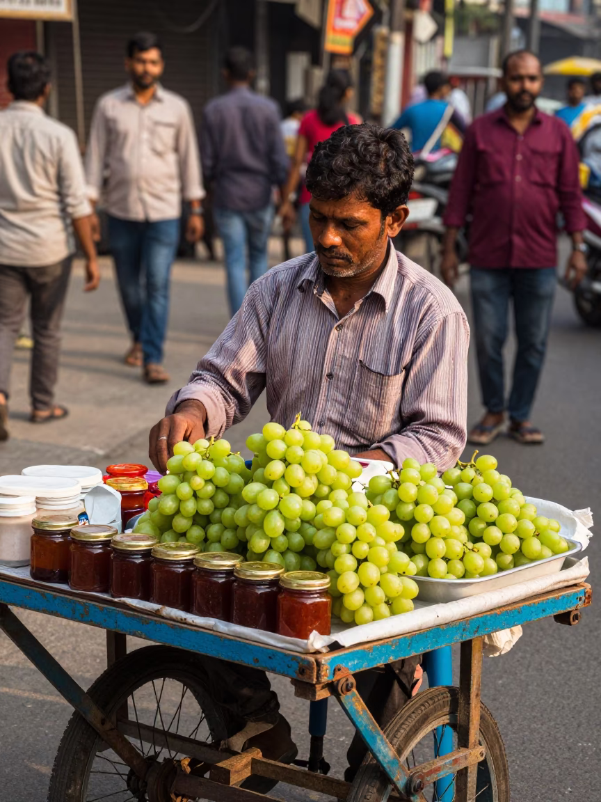 Busy Kolkata Street Stall Vendor Serving Grapes and Jam Jars in Early Afternoon Light in in Kolkata, India