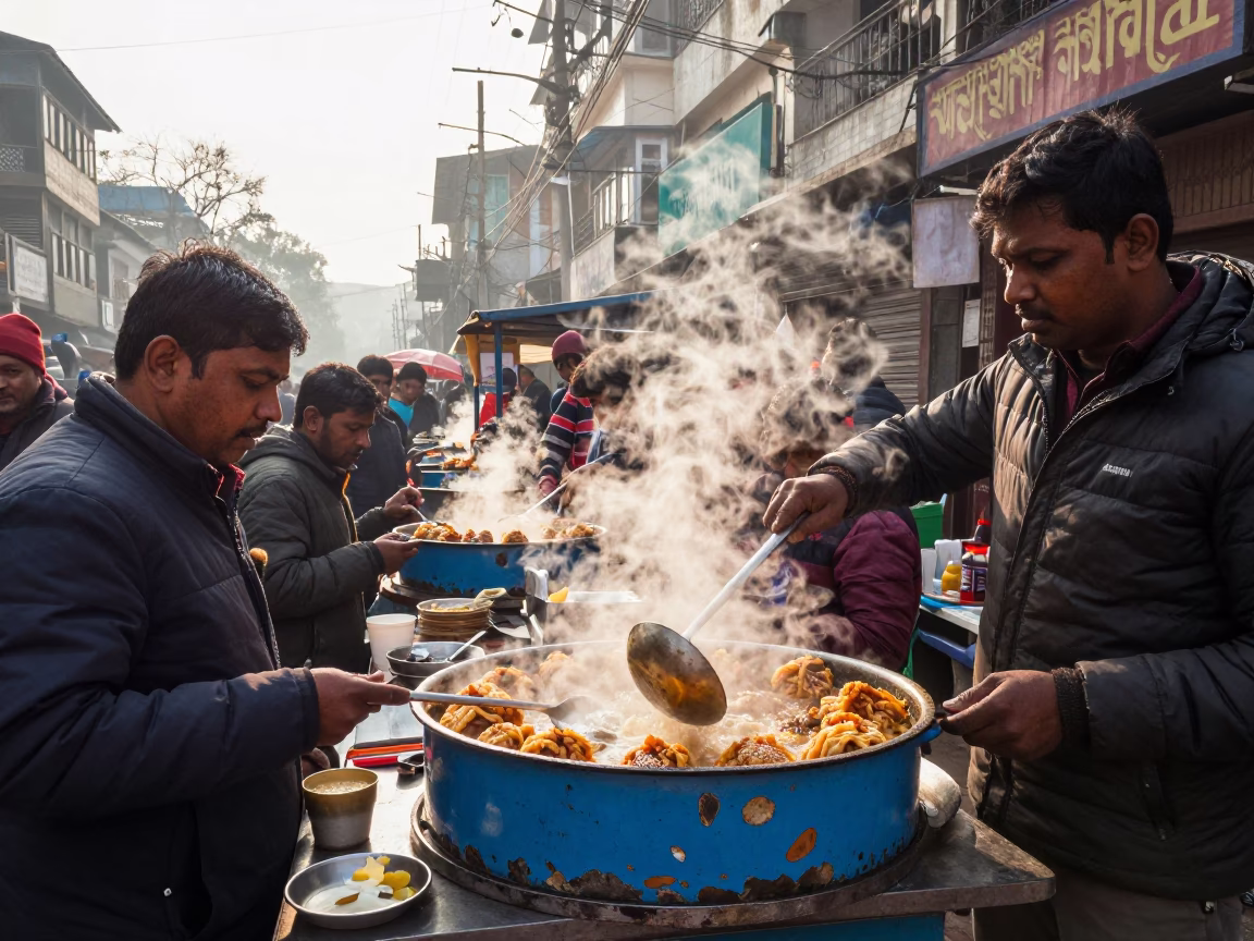 Busy Kolkata Street Stall Winter Noon Chipped Blue Enamel Bowls Ladle in in Kolkata, India