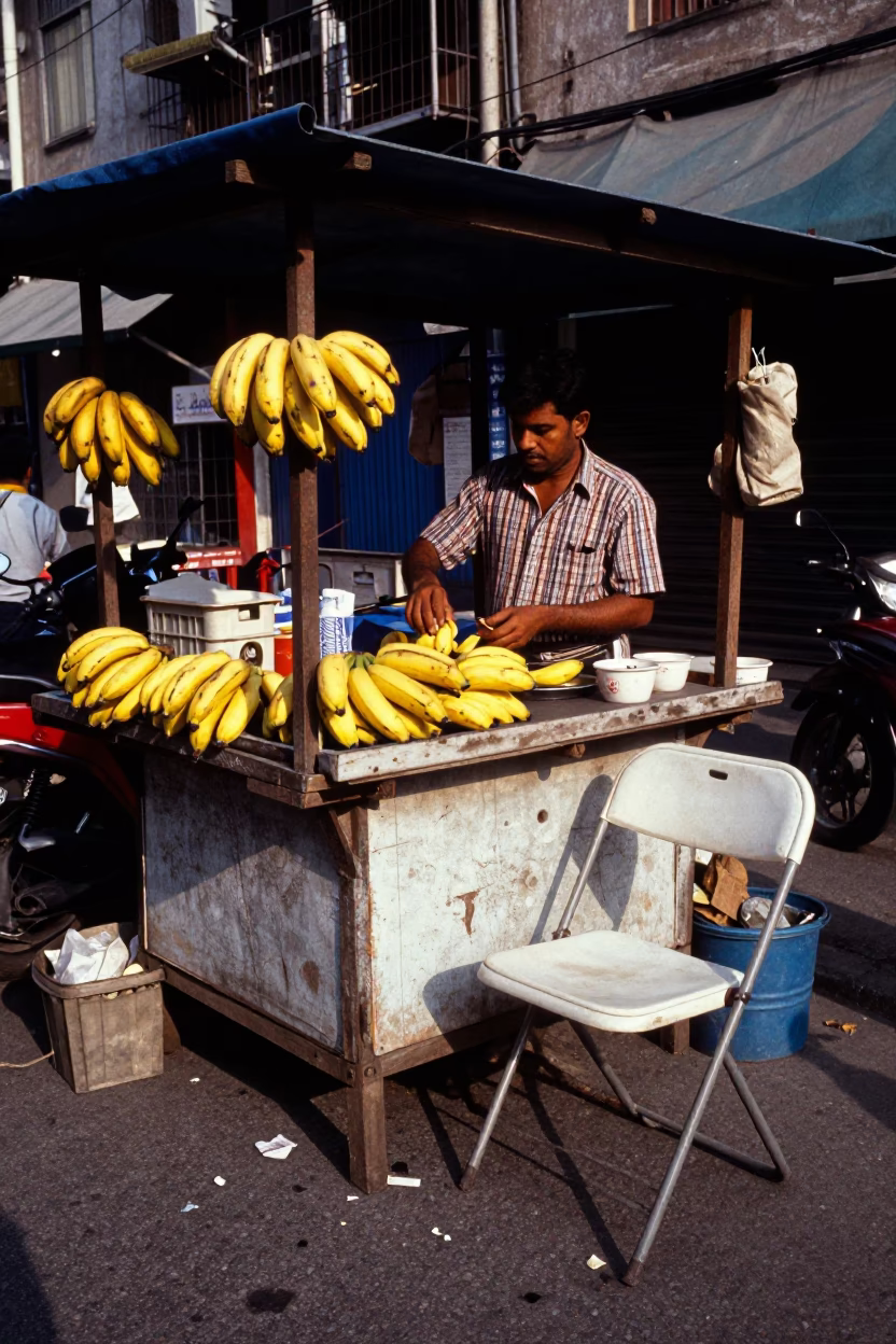 Busy Kolkata Street Stall with Bananas and Folding Chair in Clear Late Afternoon Light in in Kolkata, India