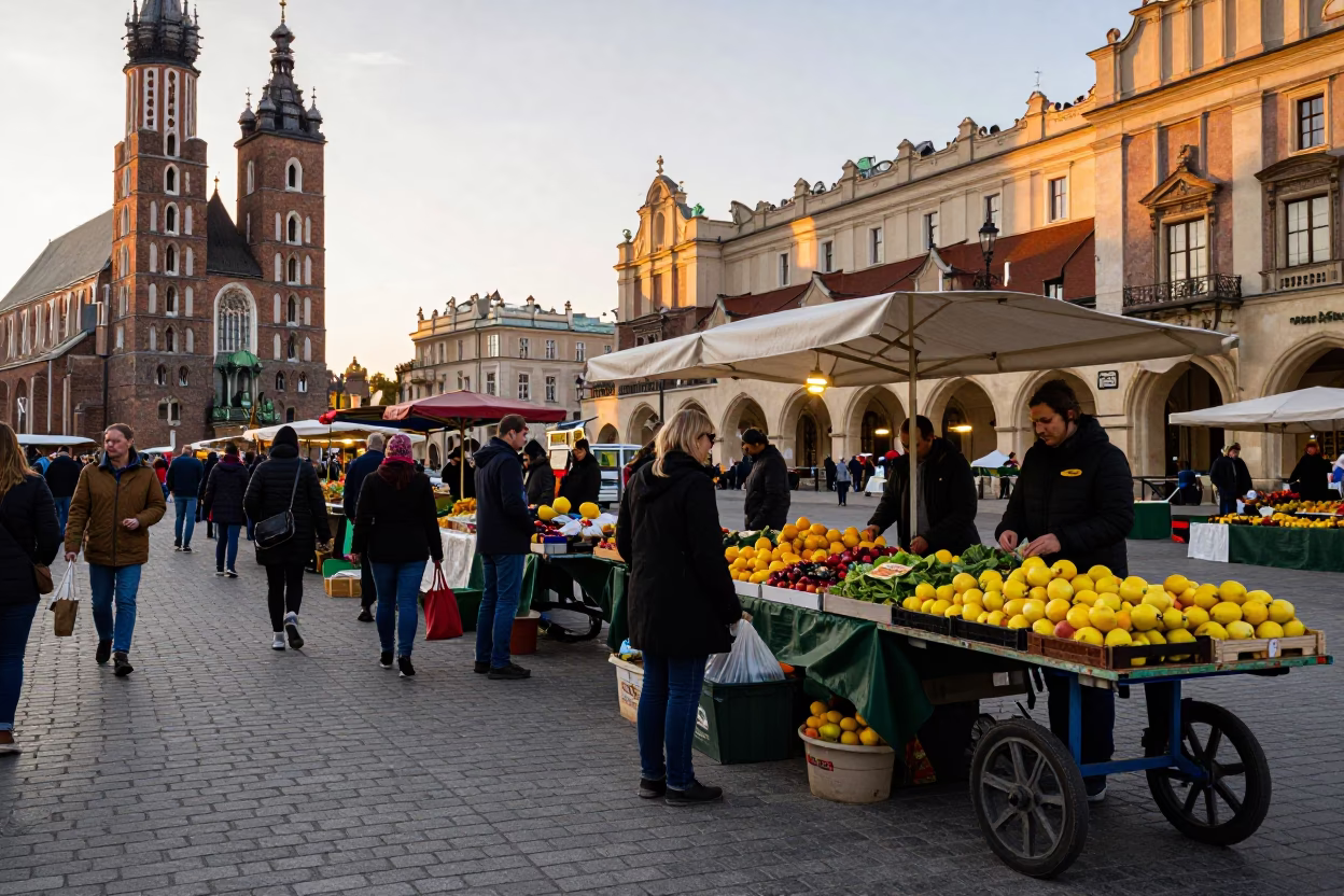 Busy Krakow Evening Street Scene with Local Market Activity and Vintage Ambiance in in Krakow, Poland