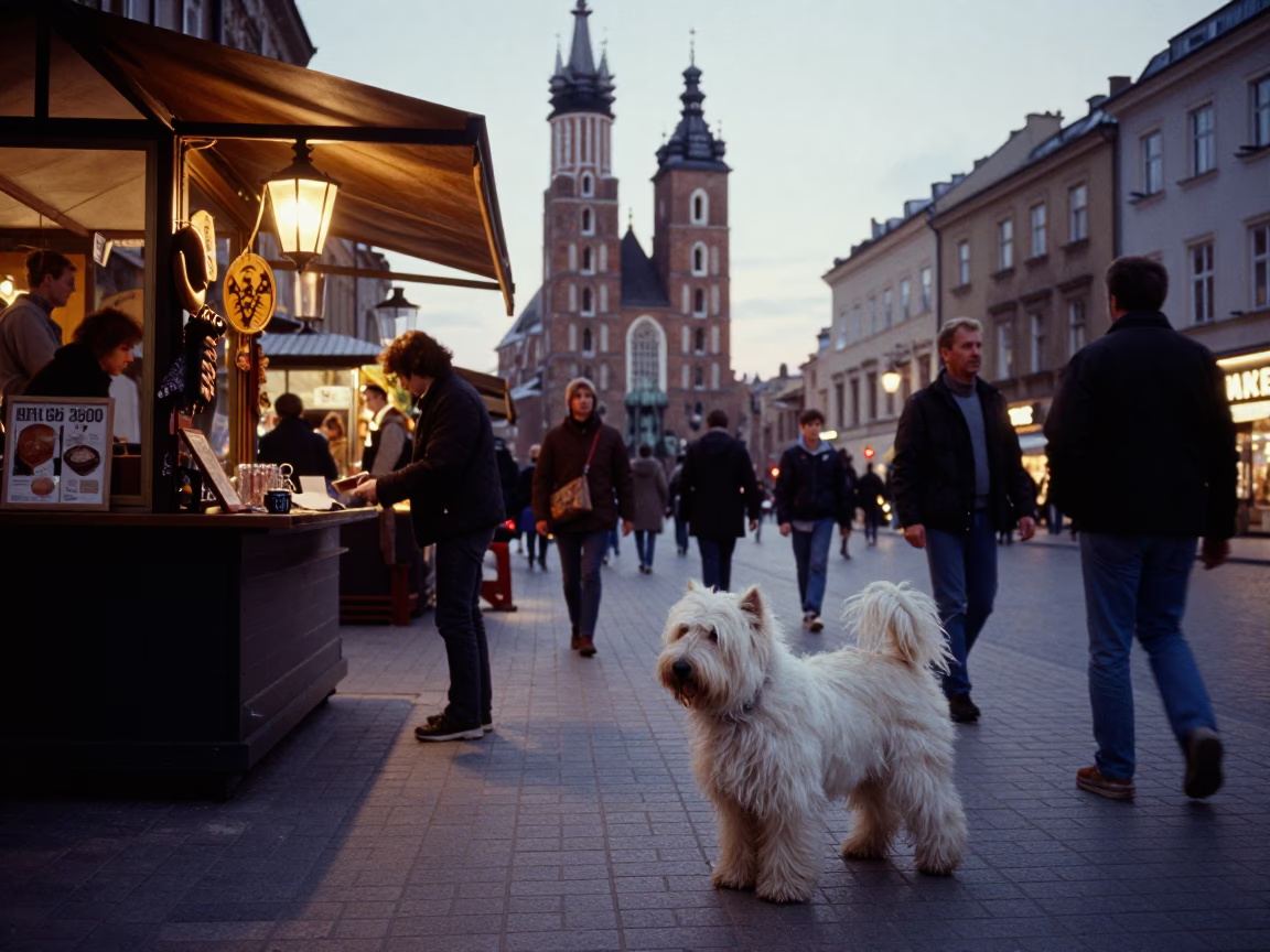 Busy Krakow Evening Street Scene with Old English Sheepdog and Hurricane Lamp in in Krakow, Poland