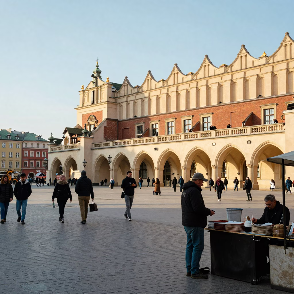 Busy Krakow Main Market Square Late Morning Street Scene with Bicycle and Historic Architecture in in Krakow, Poland