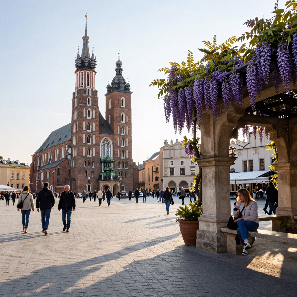 Busy Krakow Main Market Square Late Morning Street Scene with Wisteria Pergola in in Krakow, Poland