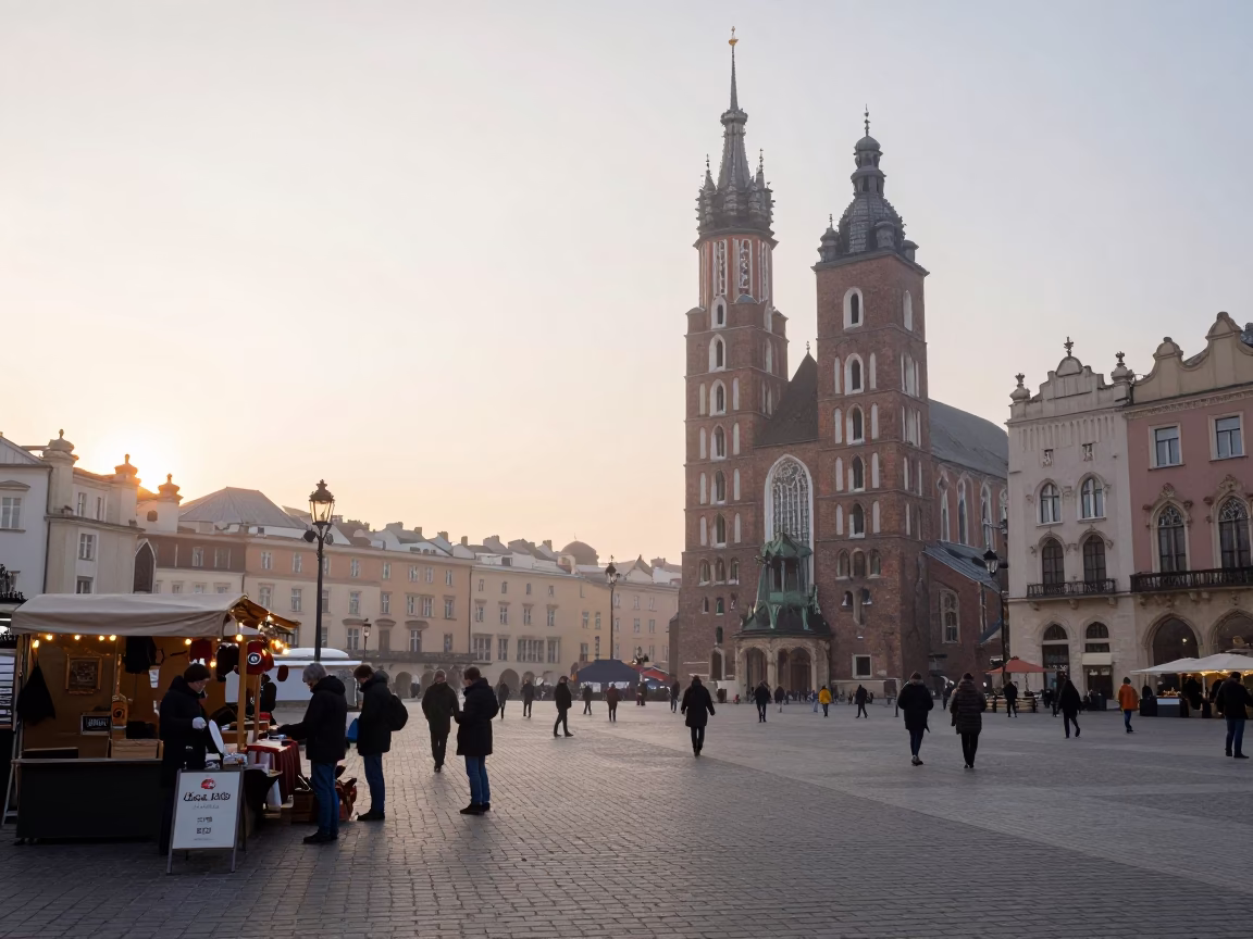 Busy Krakow Market Square at Dawn with Old Town Architecture and Early Morning Activity in in Krakow, Poland