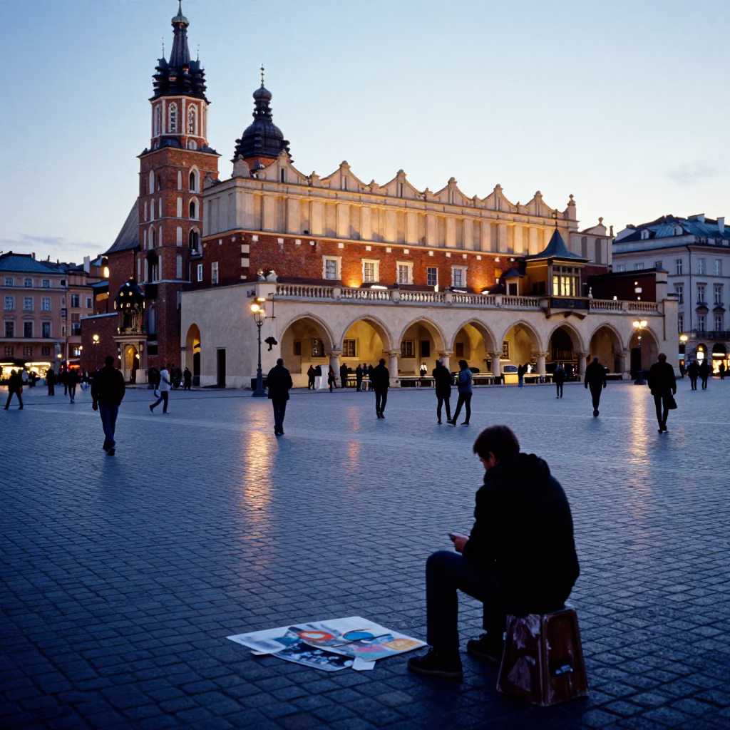 Busy Krakow Market Square at Nautical Dawn with Charcoal Sketchbook and Scarf in in Krakow, Poland