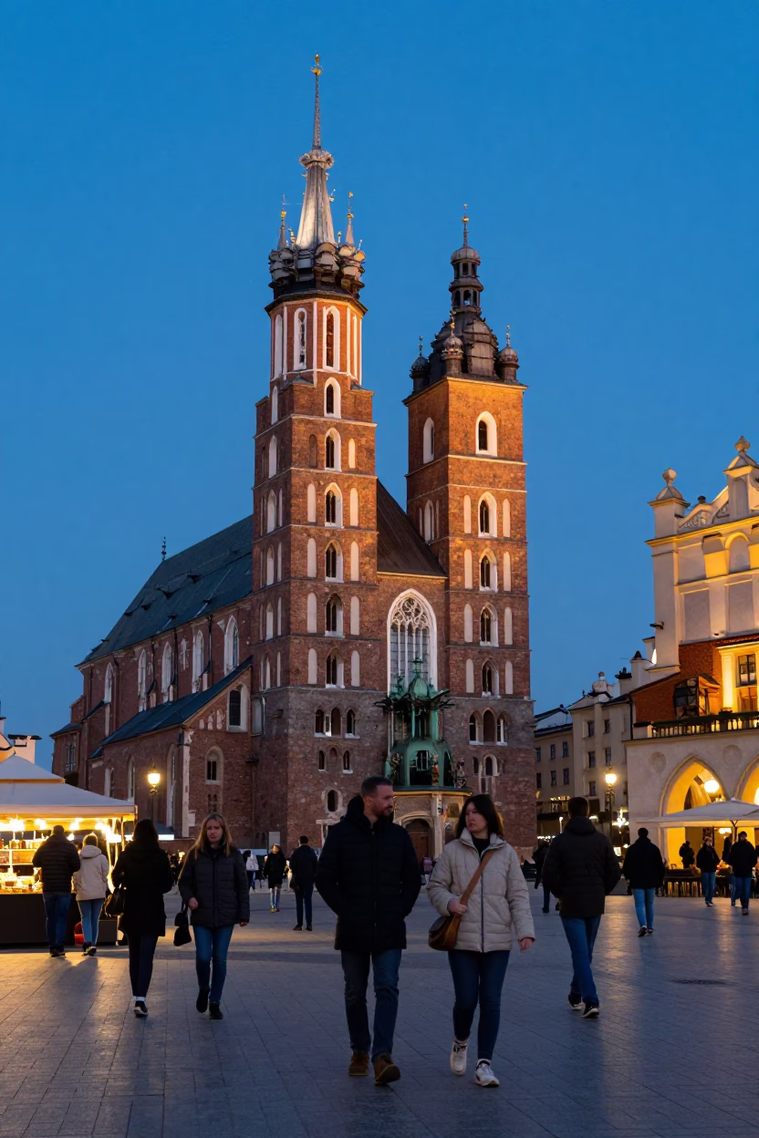 Busy Krakow Market Square at Nautical Dawn with Vintage 1980s Atmosphere in in Krakow, Poland