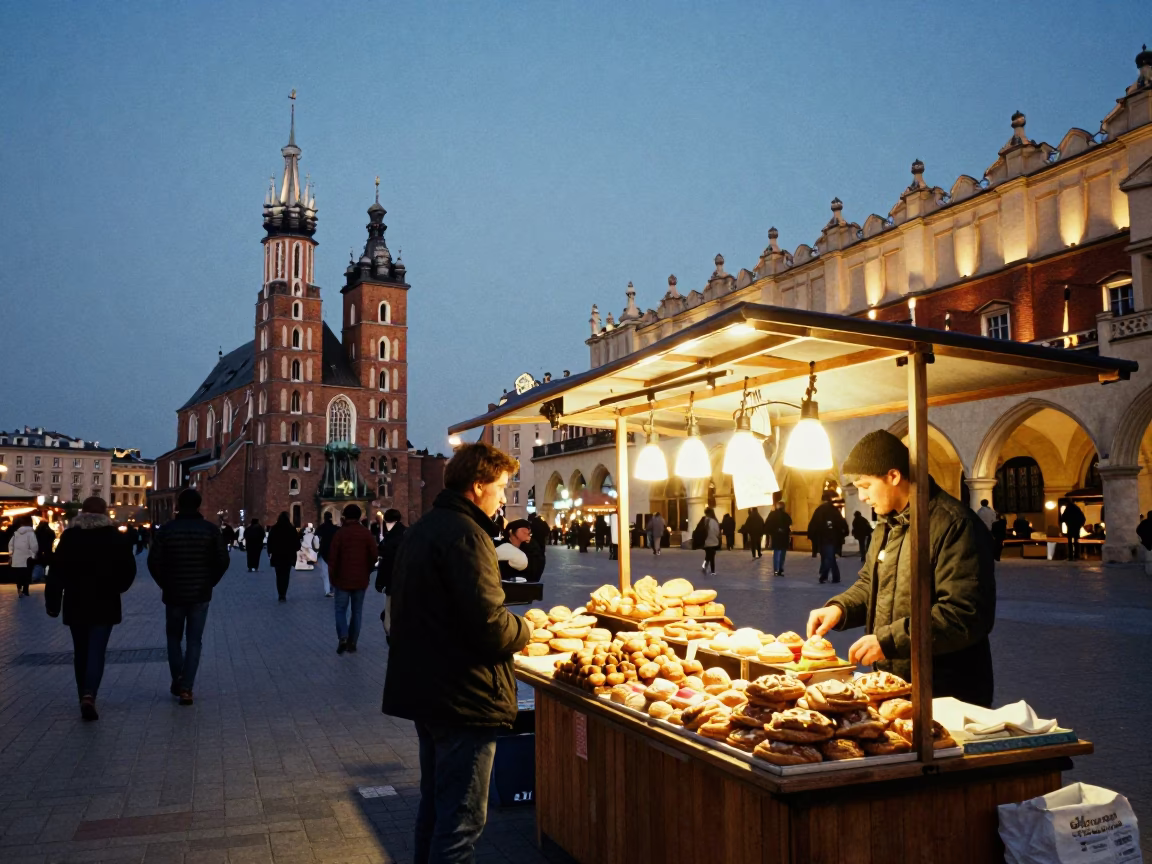 Busy Krakow Market Square Evening Street Scene with Pastries and City Lights in in Krakow, Poland