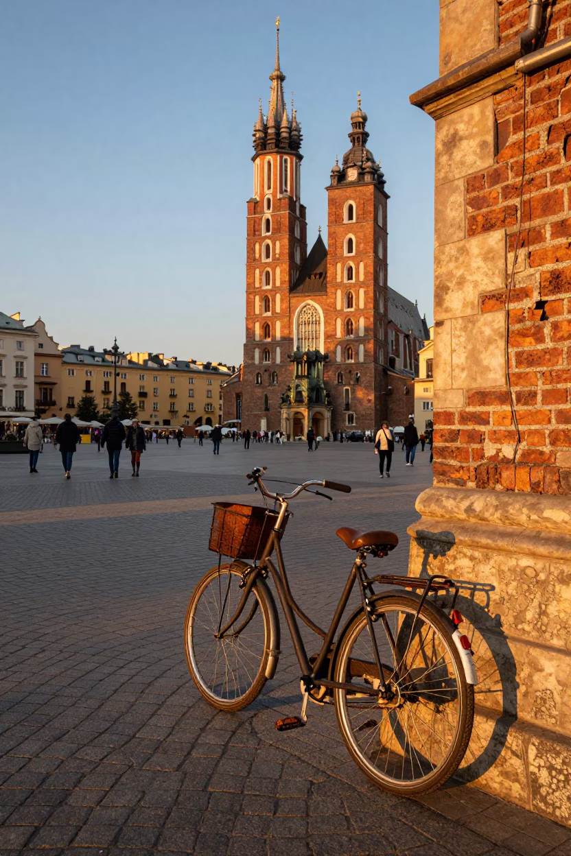 Busy Krakow Market Square Evening with Bicycle and Rusty Details in in Krakow, Poland
