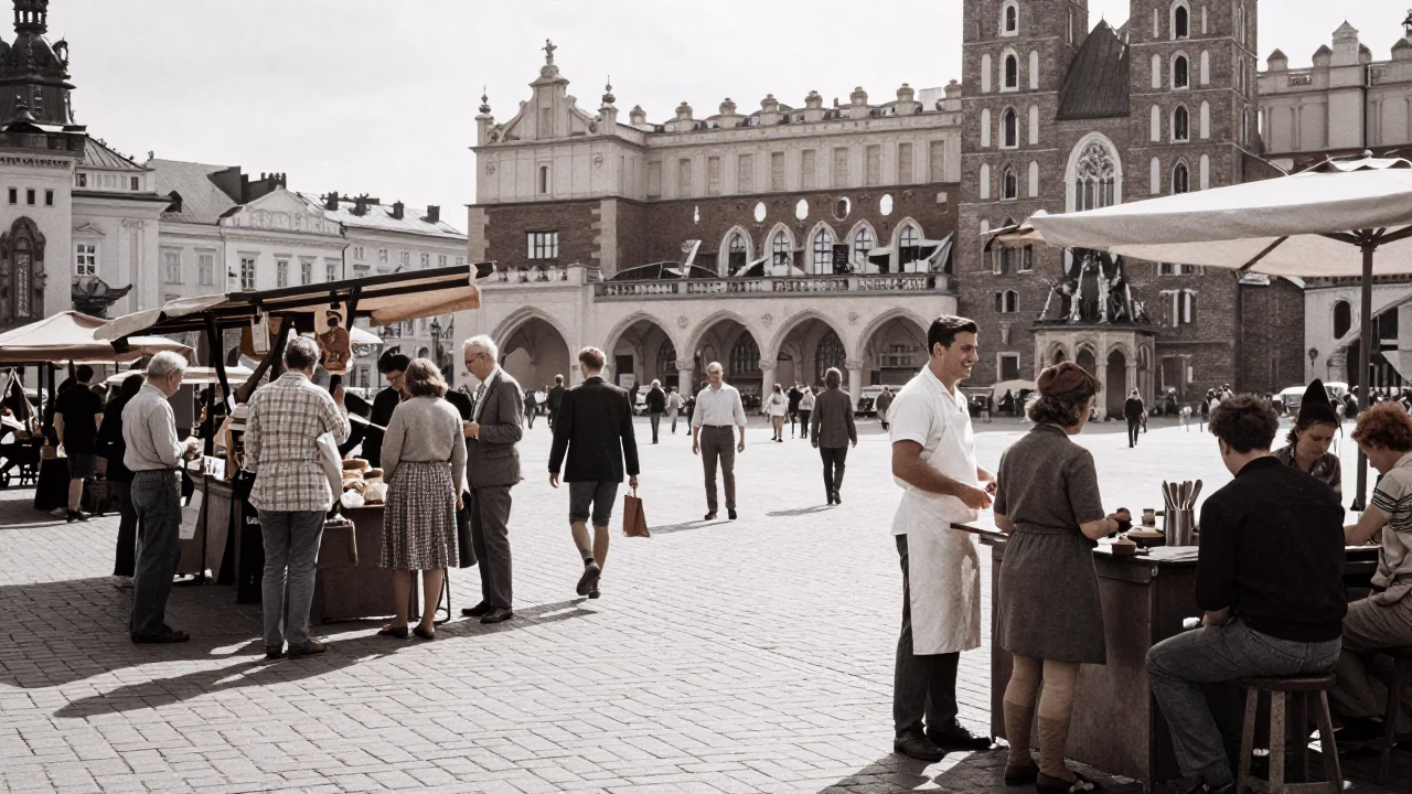 Busy Krakow Market Square Late Morning Baker and Local Life Scene in in Krakow, Poland