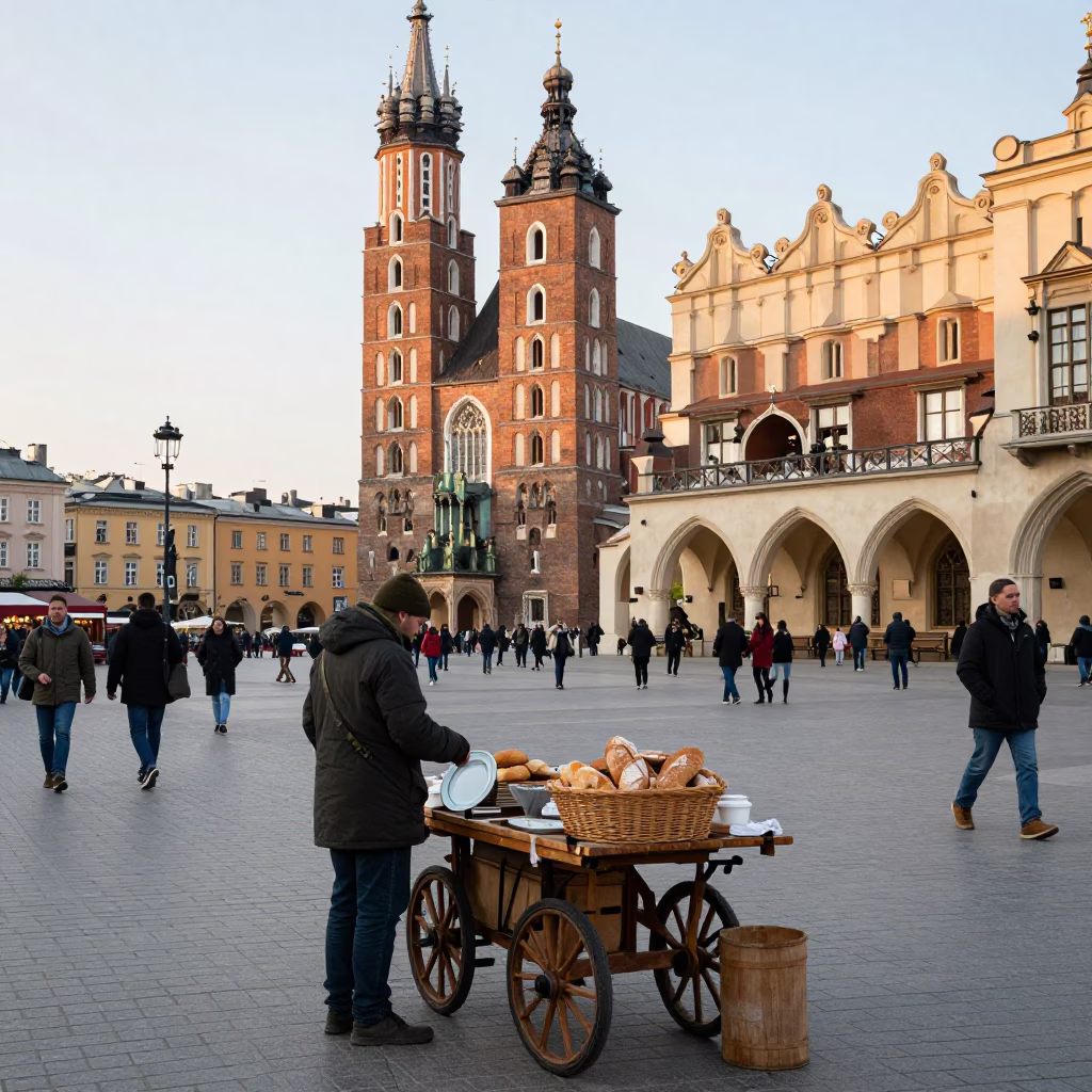 Busy Krakow Market Square Late Morning Street Scene with Local Food and Daily Life in in Krakow, Poland