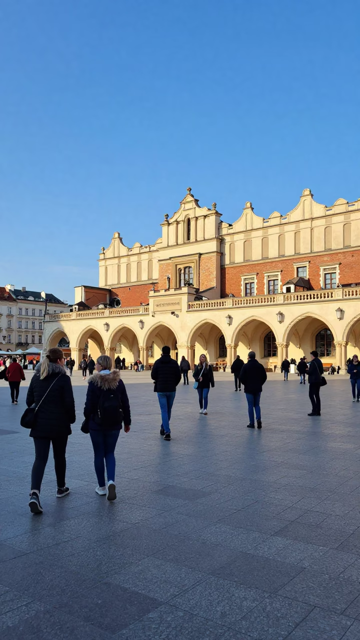 Busy Krakow Market Square Late Morning Street Scene with Local Vendor and Pedestrians in in Krakow, Poland
