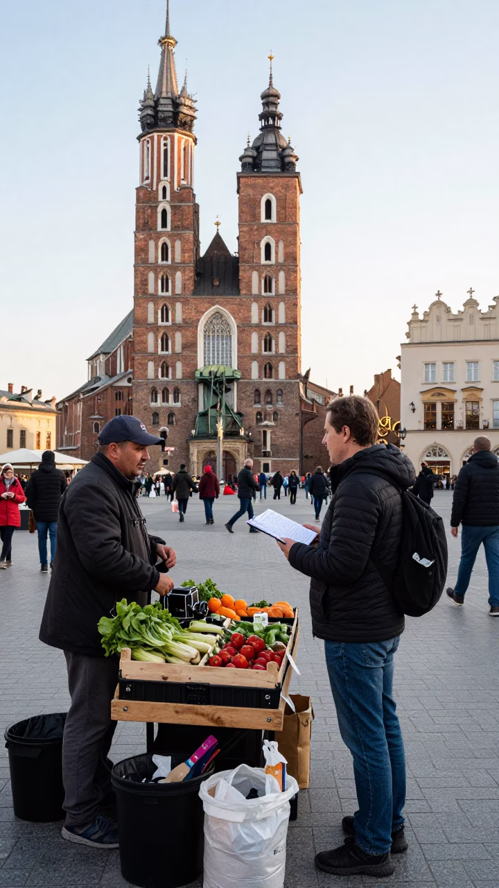Busy Krakow Market Square Late Morning Street Scene with Traditional Wooden Tray and Ledger in in Krakow, Poland