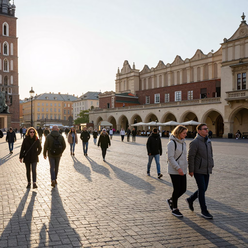 Busy Krakow Market Square Late Morning Street Scene with Vendor Stalls and Pedestrians in in Krakow, Poland