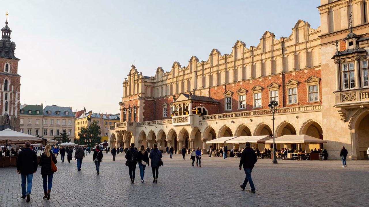 Busy Krakow Market Square Late Morning Street Scene with Vintage 1980s Aesthetic in in Krakow, Poland