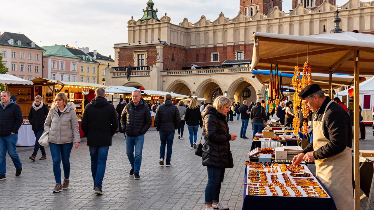 Busy Krakow Market Square Late Morning with Vintage Stalls and Pedestrians in in Krakow, Poland