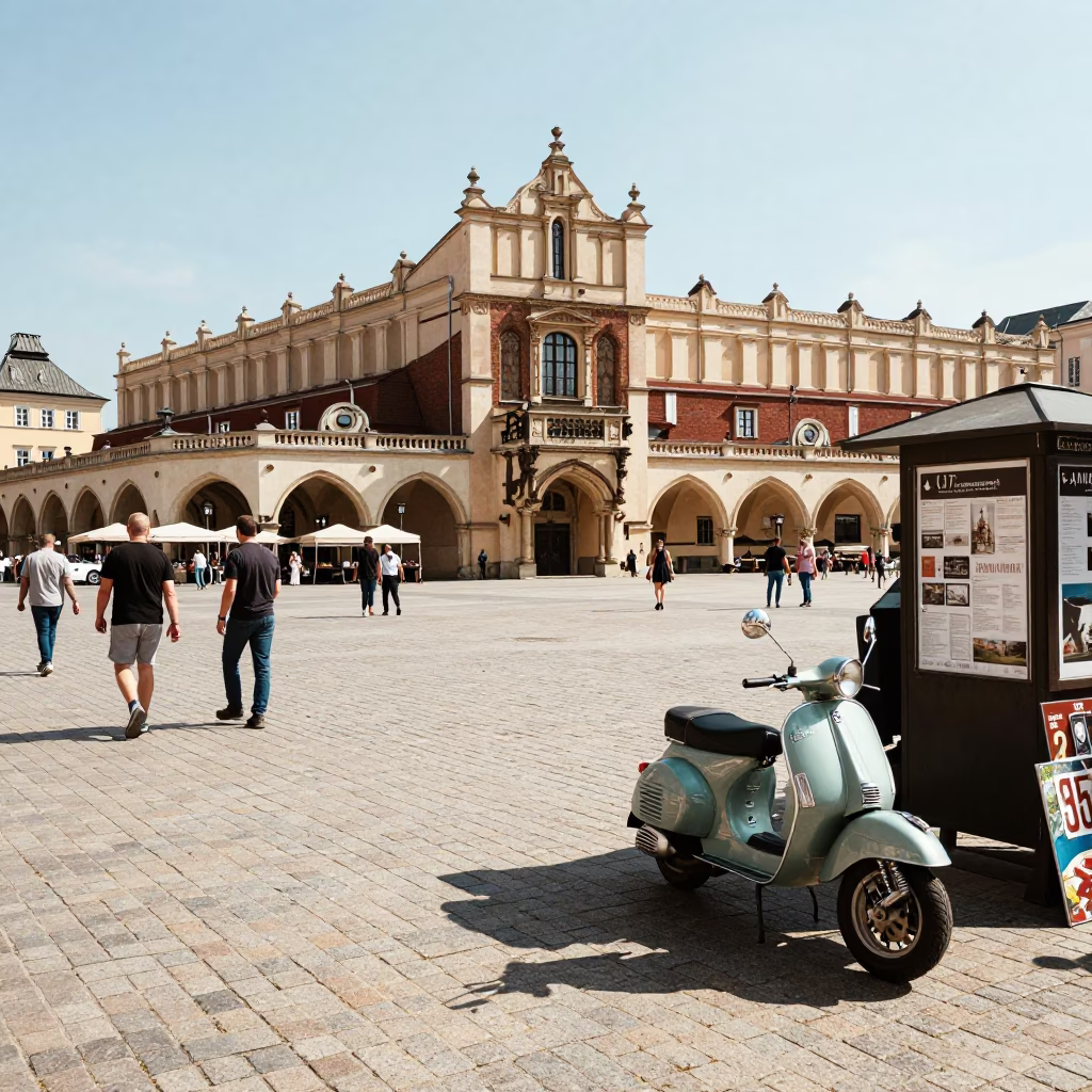 Busy Krakow Market Square Midday Street Scene with Vintage Scooter and Postcard Vendor in in Krakow, Poland