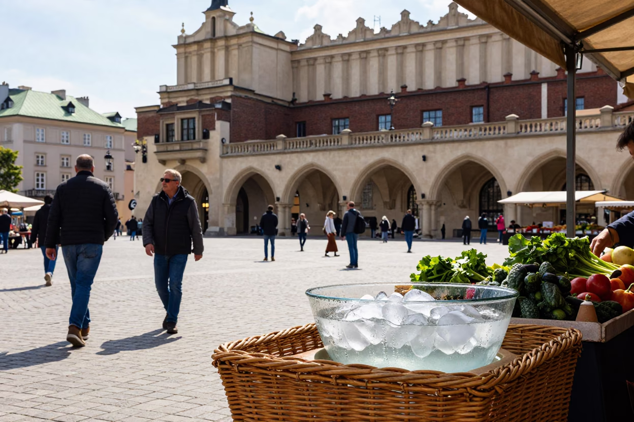 Busy Krakow Market Square Midday Street Scene with Wicker Shadow and Condensation in in Krakow, Poland