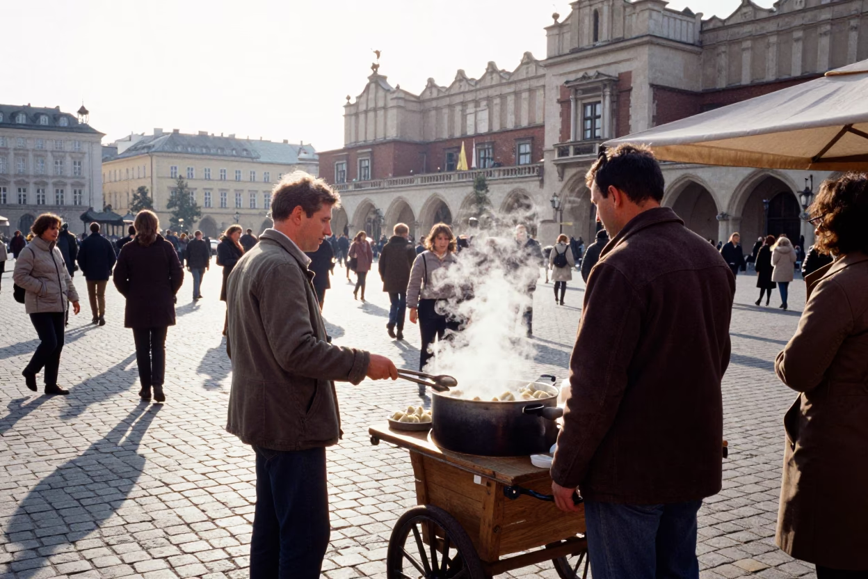 Busy Krakow Market Square Morning with Tourists and Street Food in in Krakow, Poland