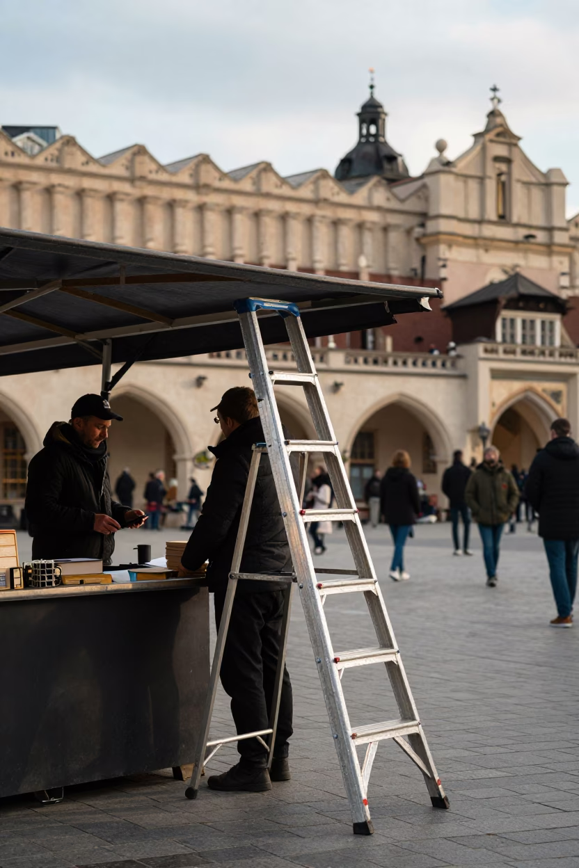 Busy Krakow Market Square Stall with Step Ladder and Street Life in in Krakow, Poland