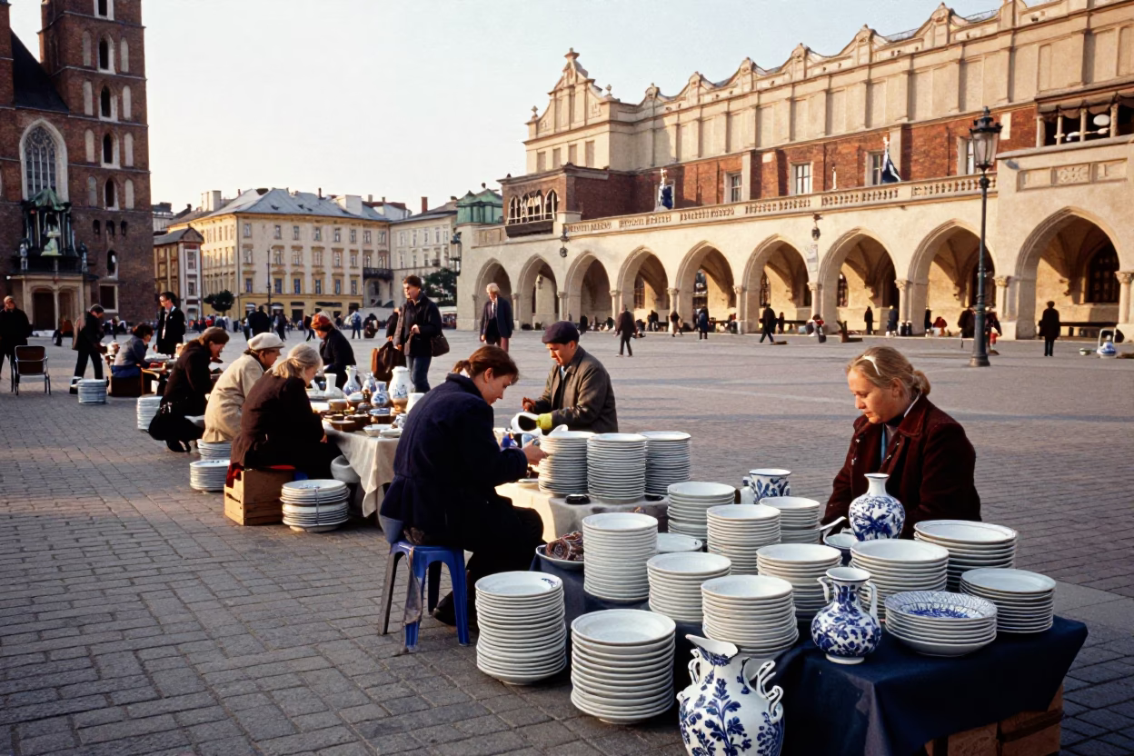 Busy Krakow Market Square Stalls with Blue White Porcelain Plates and Mason Trowel in in Krakow, Poland