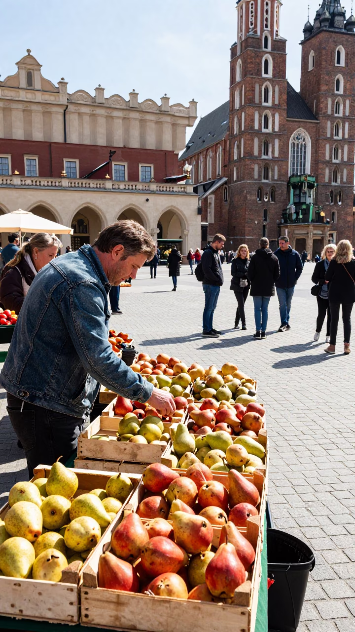 Busy Krakow Market Square Stalls with Pears and Tourists in Bright Midmorning Light in in Krakow, Poland