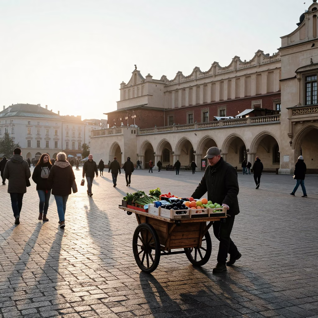 Busy Krakow Market Square Street Scene with Rolling Carts and Stone Architecture After Sunrise in in Krakow, Poland