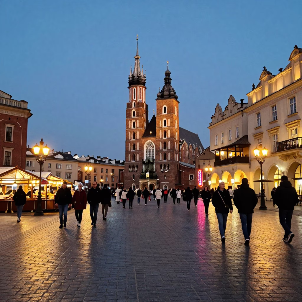 Busy Krakow Market Square Twilight Street Scene with Vintage 1980s Atmosphere in in Krakow, Poland