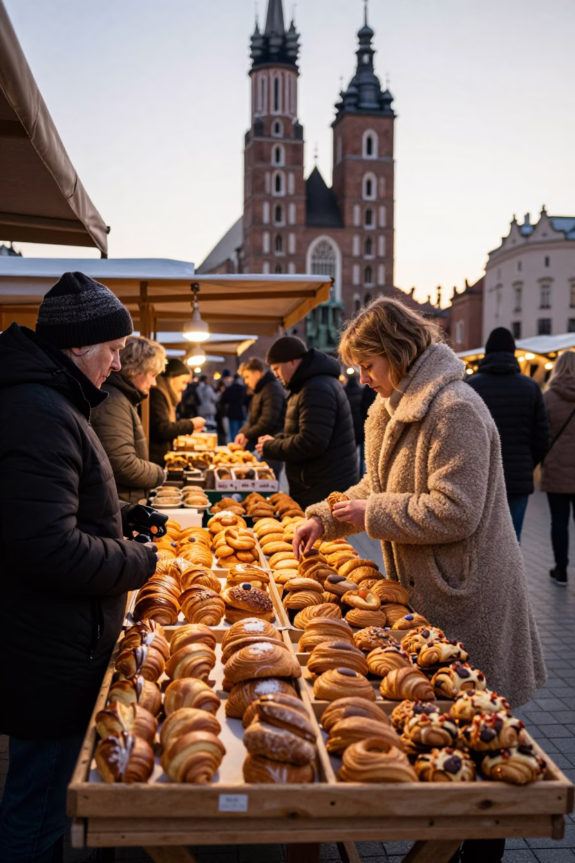 Busy Krakow Market Stall at Nautical Dawn with Pastries and Local Life in in Krakow, Poland