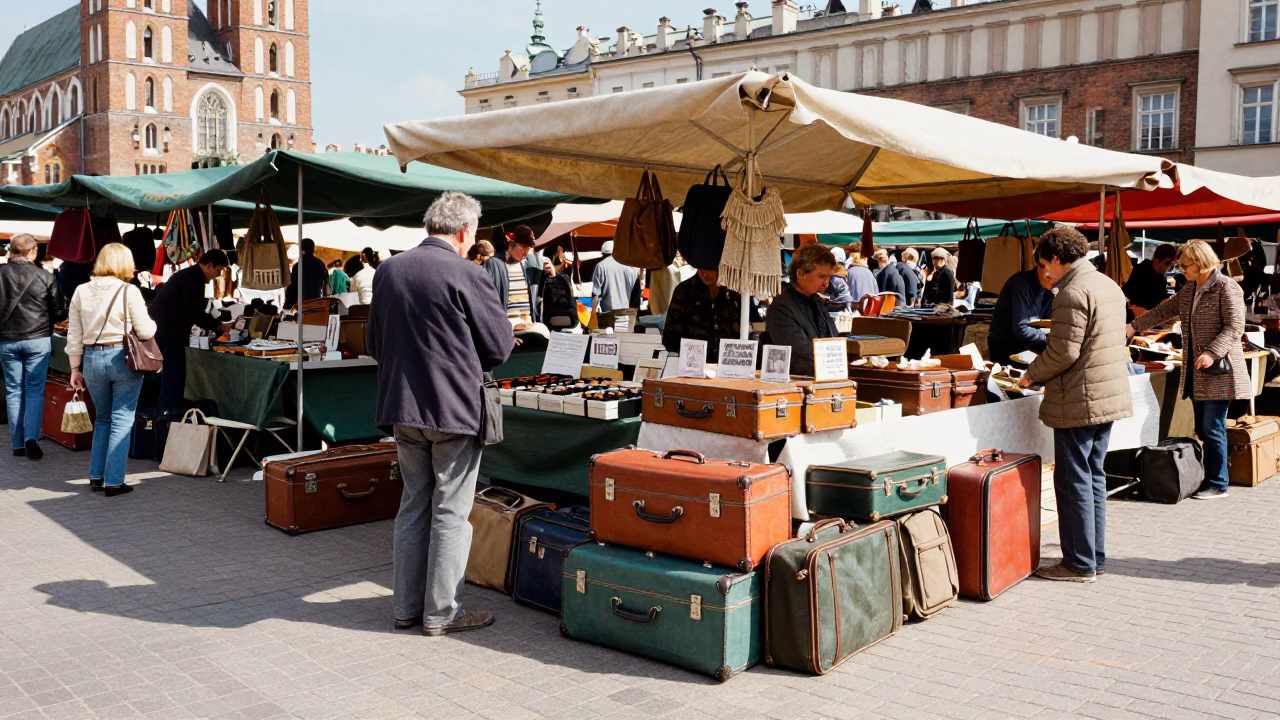 Busy Krakow Market Stall in 1970s Bright Midmorning Light in in Krakow, Poland
