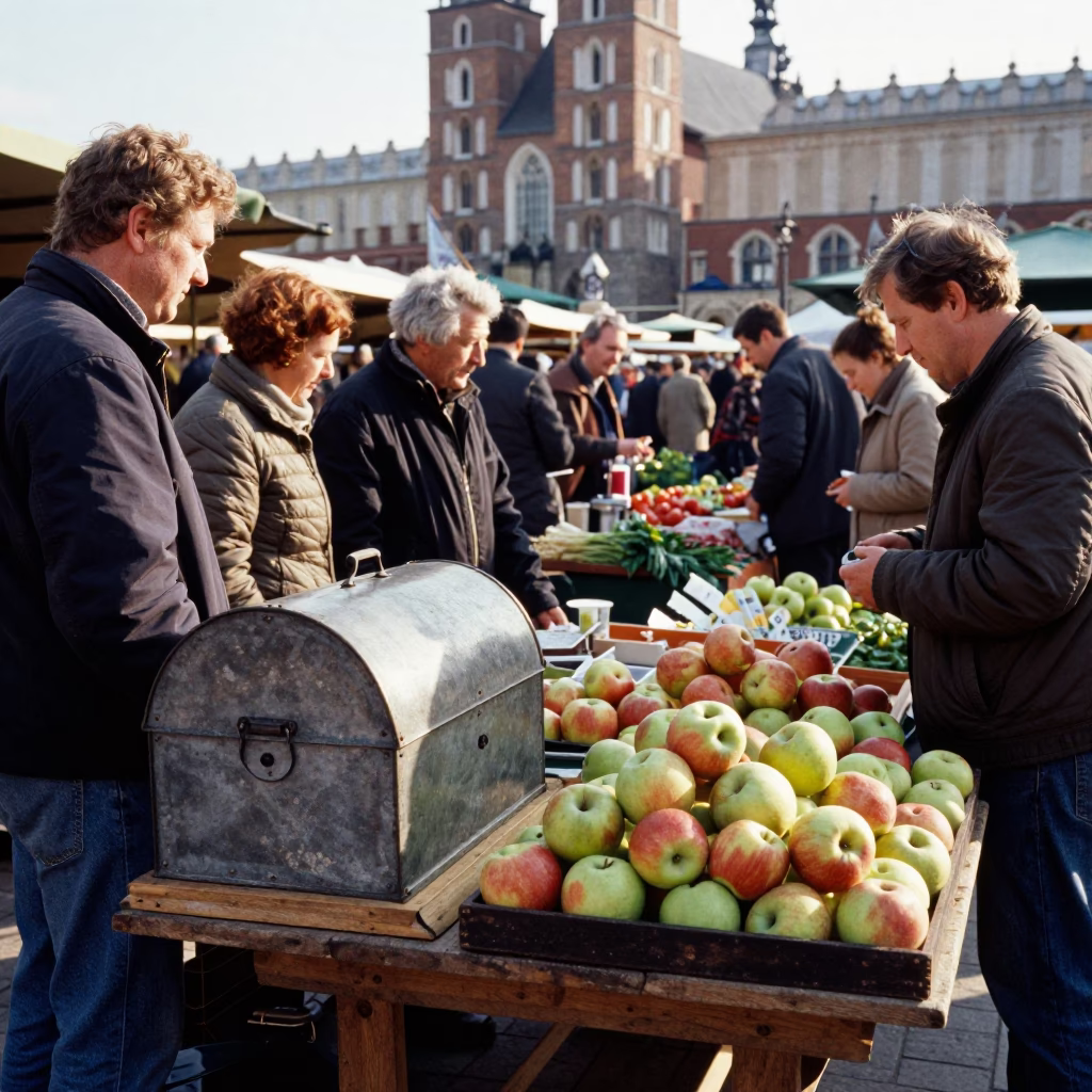 Busy Krakow Market Stall with Breadbox and Local Interaction in Late Afternoon Light in in Krakow, Poland