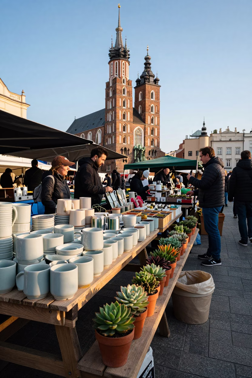 Busy Krakow Market Stall with Ceramic Cups and Succulents in Late Afternoon Light in in Krakow, Poland