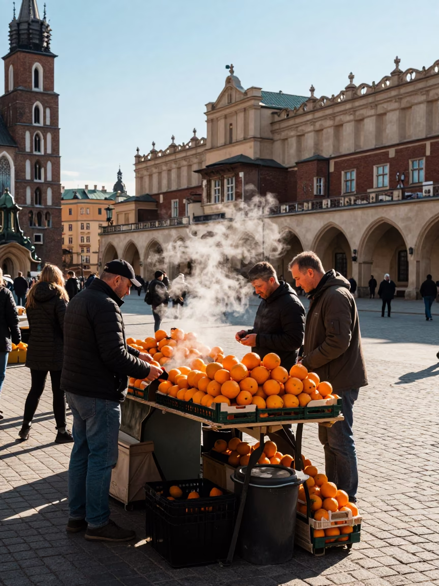Busy Krakow Market Stall with Oranges and Steam in Late Afternoon Light in in Krakow, Poland